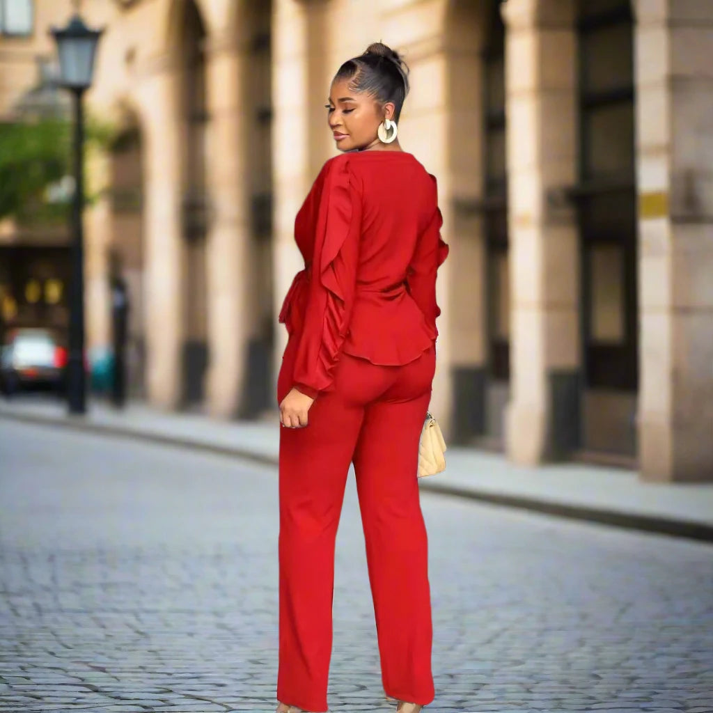 Women's Long Sleeve Flare Ruffles Hem Blouse and Pants Set 2 Piece Set