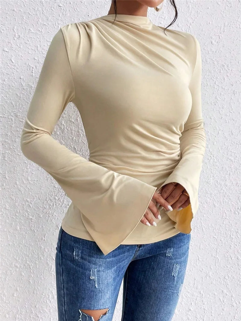 Pleated Design-Inspired Flared Long Sleeves Slim Fit Blouse
