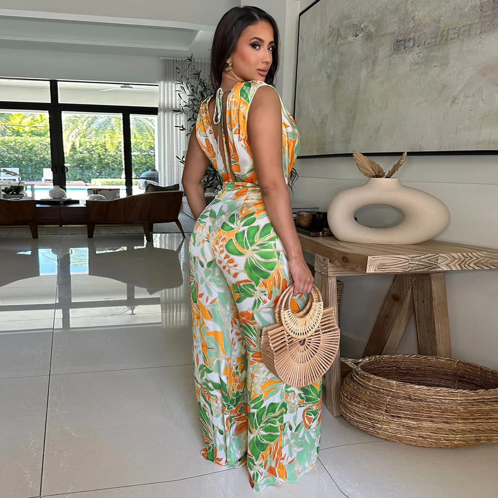 Women’s Leaf Printed Wide Leg Pile Neck Sleeveless Satin Jumpsuit