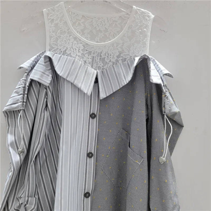Women's Shirt Loose Patchwork 2 Piece Shoulder Blouse