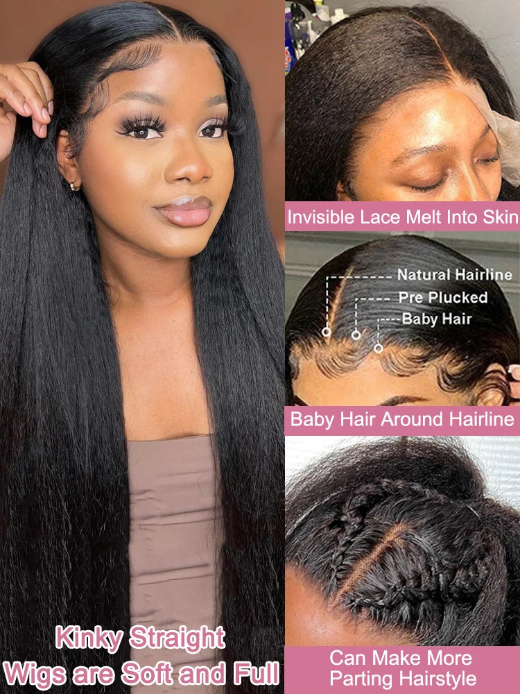 High Density Kinky Straight 360 Lace Front Human Hair Brazilian Yaki Straight 13x6 HD Wig