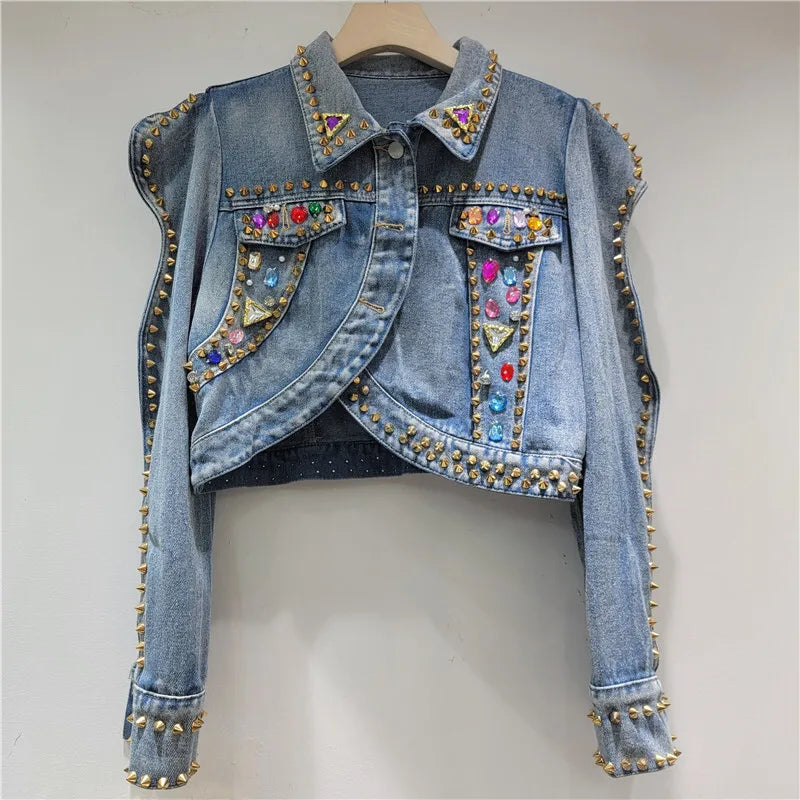 Women's Denim Coat Puff Sleeve Rivets Colorful Crystal Single Breasted Irregular Jacket
