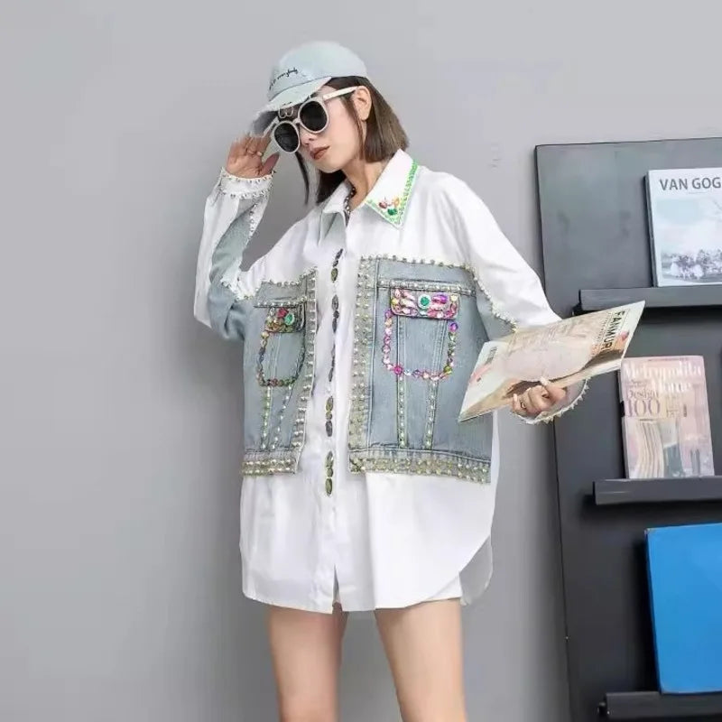 Women's Shirt Colored Diamond Beading Rivet Patchwork Denim Blouse