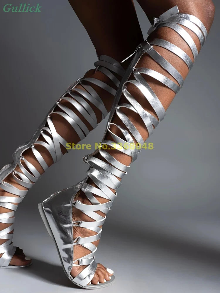 Black Flat With Strap Twine Boots Round Open Toe Rome Strappy Knee High Shoes