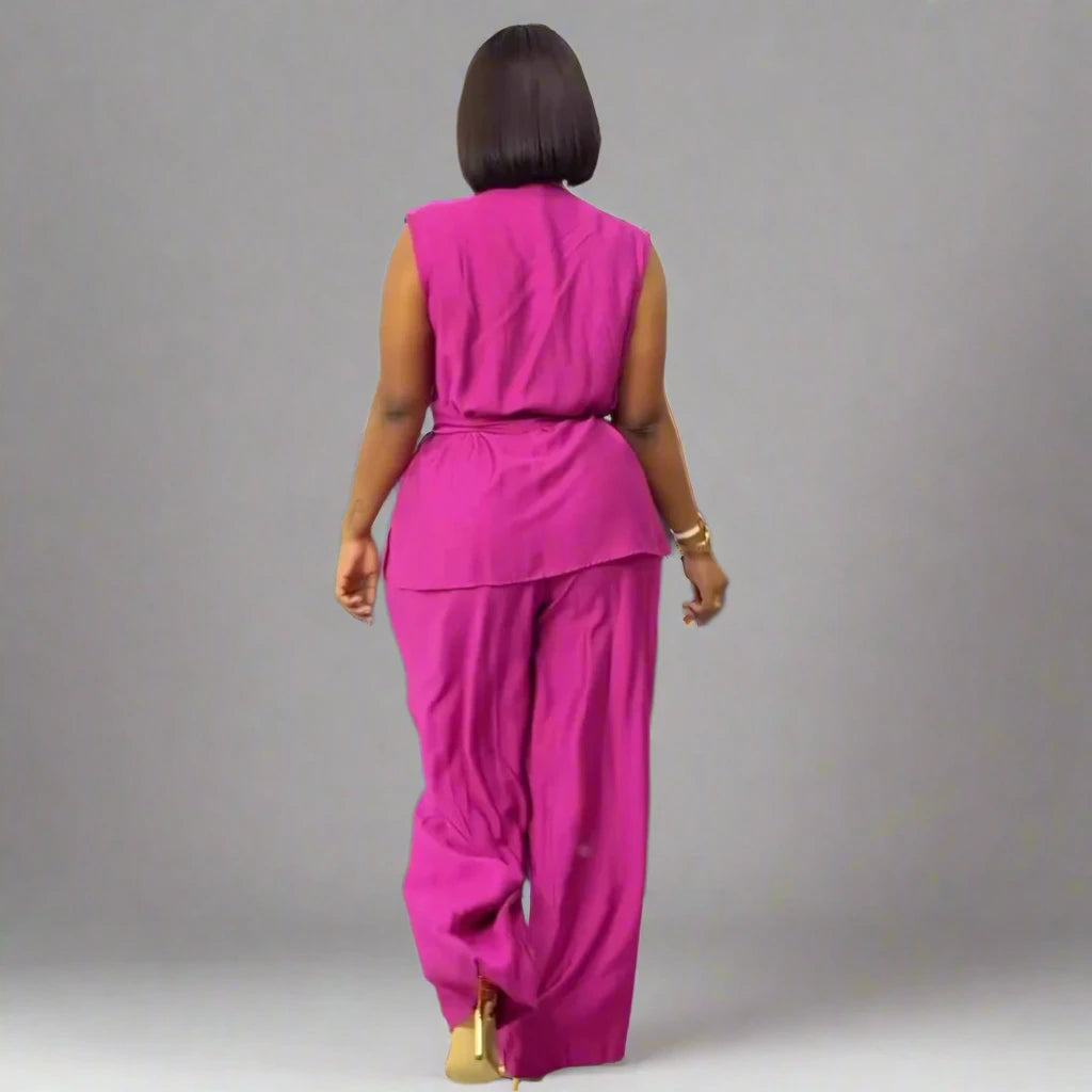Women's Sleeveless Shirt Top + Wide Leg Pants Set with Belt