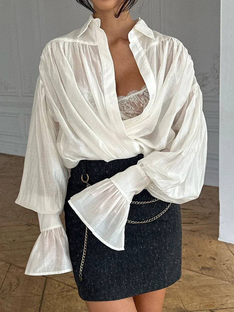 Casual Loose See-Through Long Sleeve Patchwork Blouse