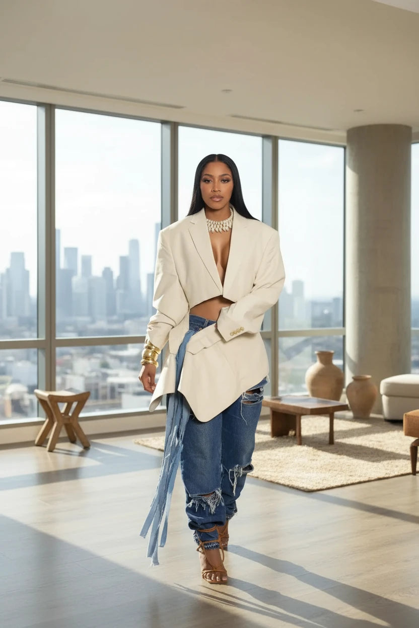 Full Sleeve Blazer & Denim Tie Up Pants Set