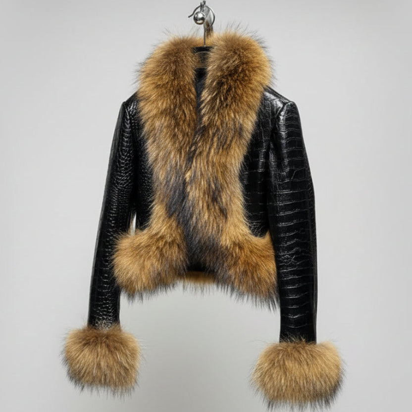 Natural Raccoon Fur Collar Real Leather Jacket