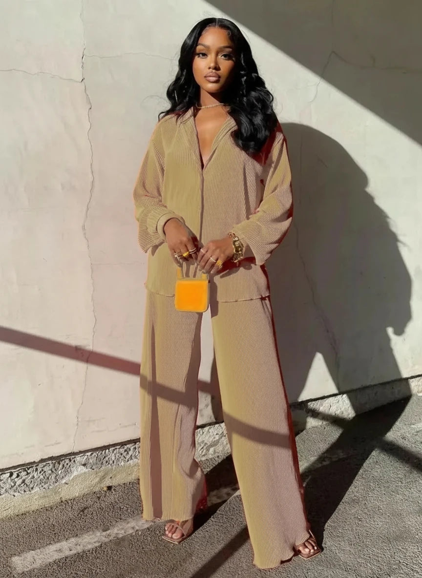 Women's Set Long Sleeve Shirt Tops and Wide Leg Pants Elegant Two Piece Set Chiffon