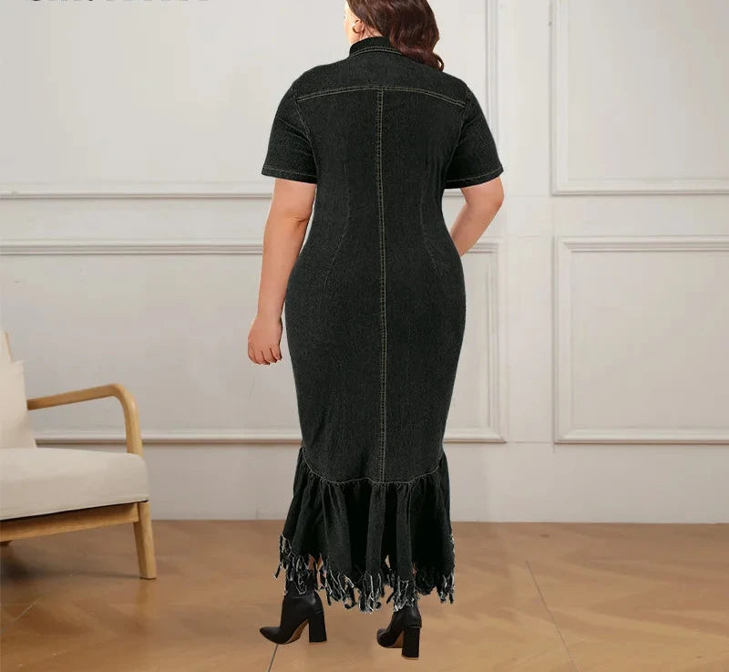 Plus Size Women’s Short Sleeve Tassel Zip Denim Dress