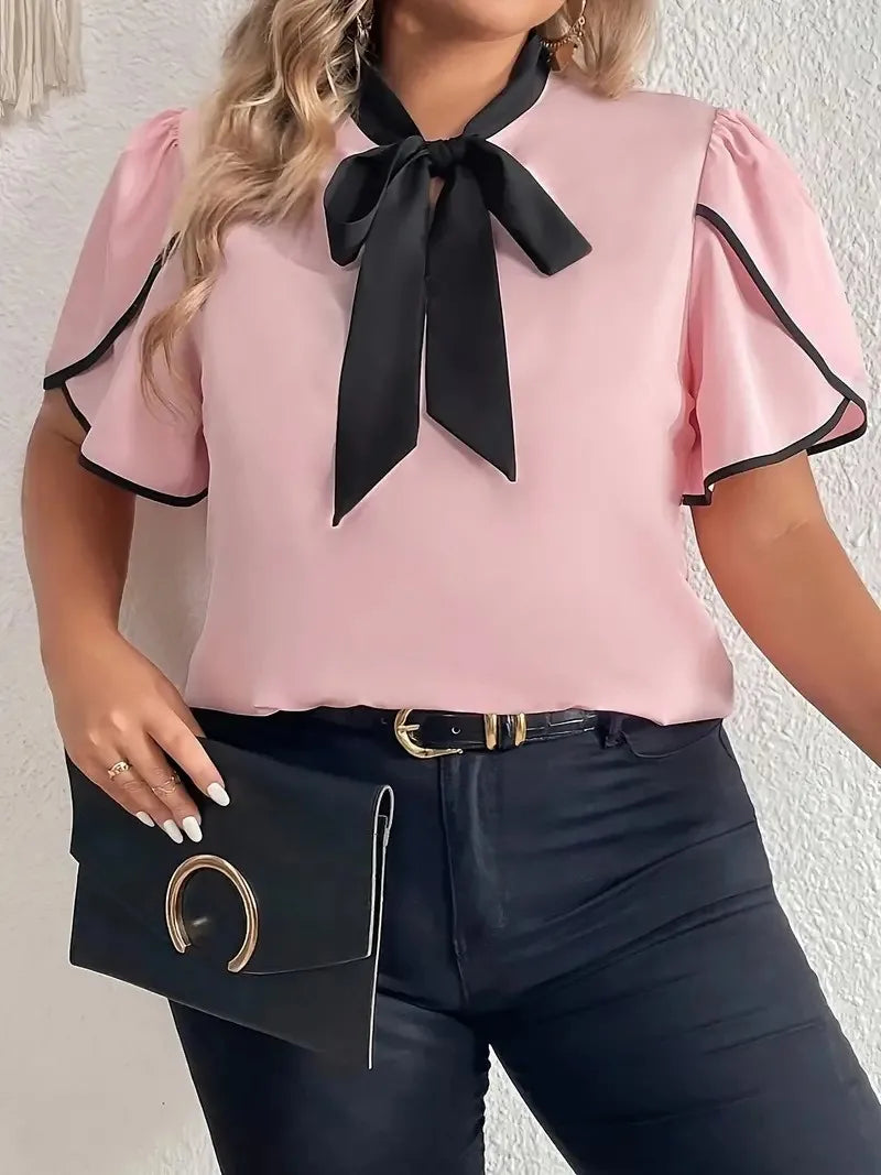 Plus Size Contrast Bow Tie Neck Short Sleeve Casual Blouse