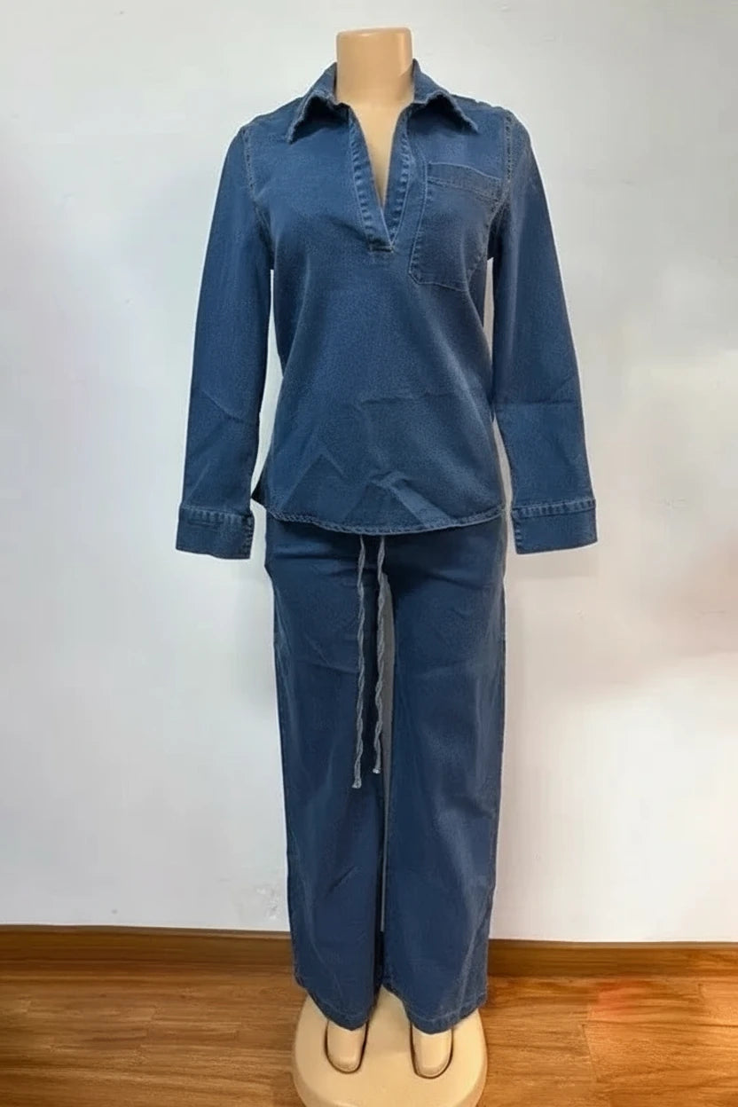 Women's Long Sleeve Washed Denim Top & Wide Leg Pants Set