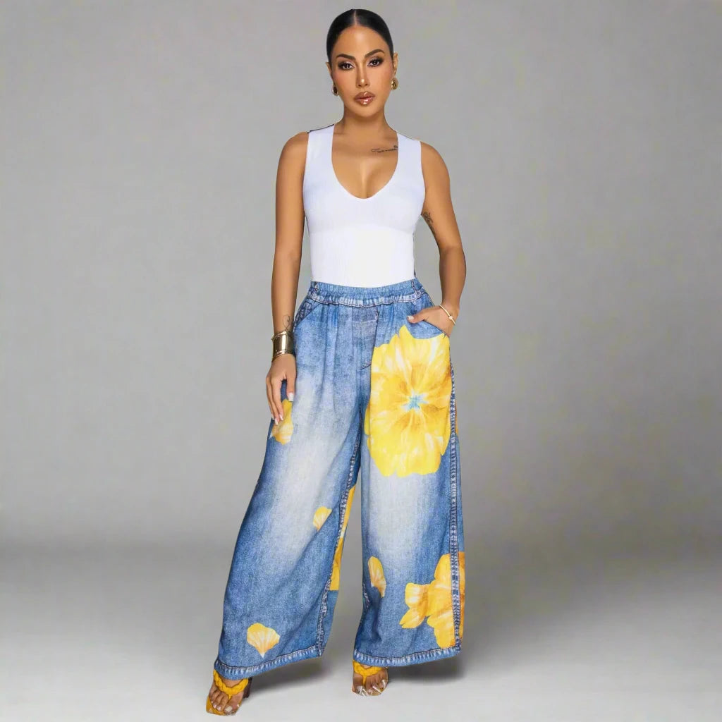 Women’s 3D floral Print Wide Leg Jogger Pants
