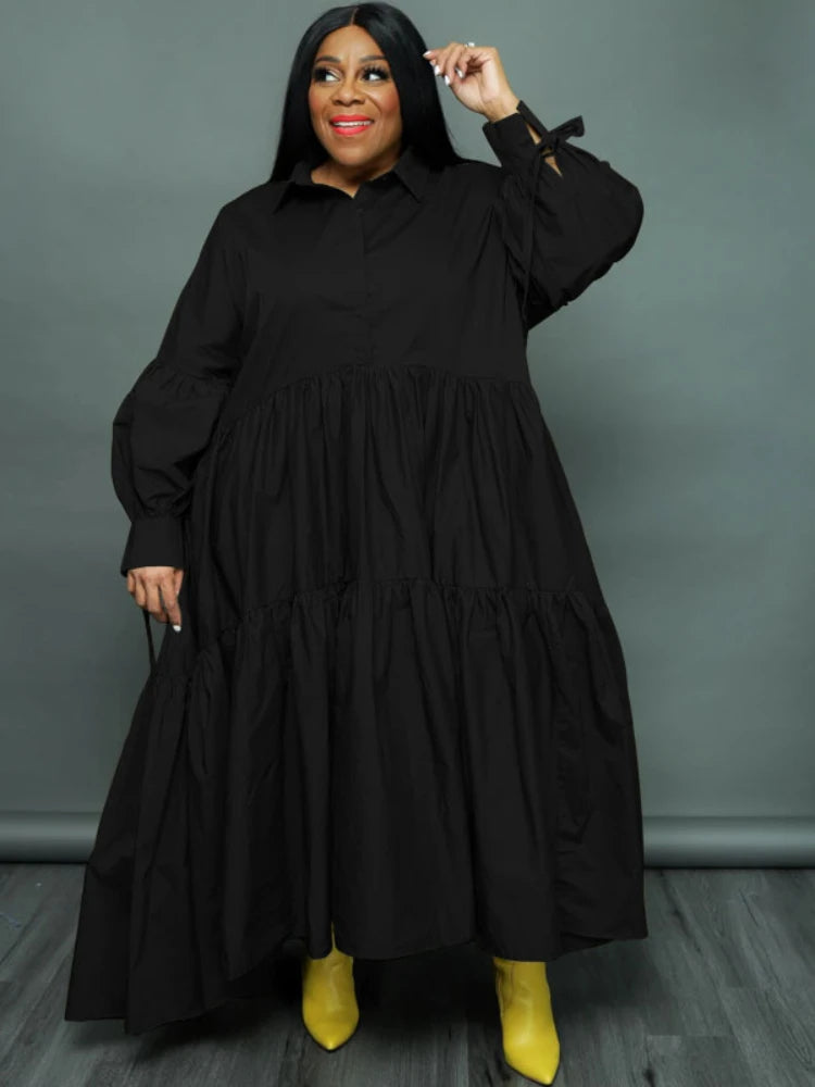 Plus Size Women’s Lapel Collar Long Sleeve Single Breasted Asymmetrical Smock Maxi Dress