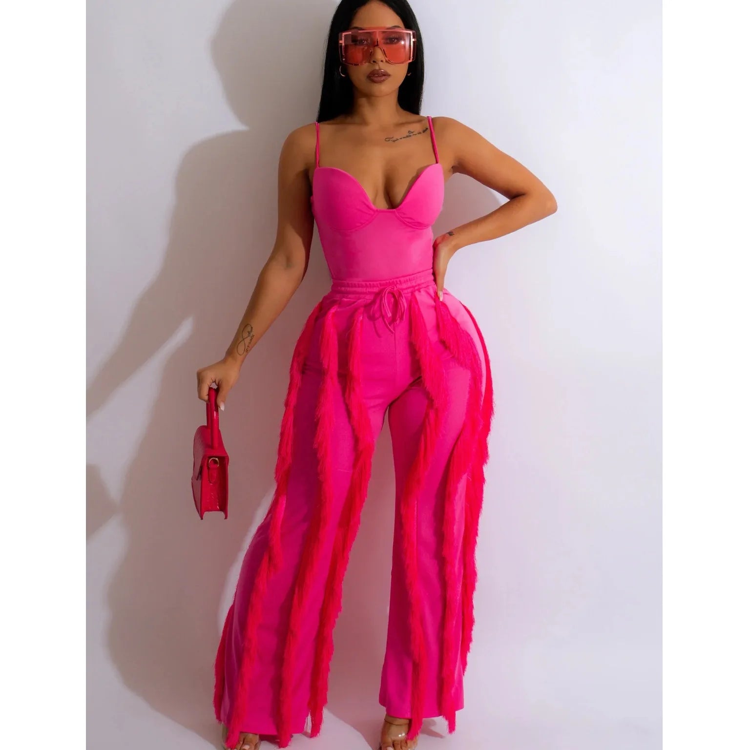 Women's Strapless Plunging V-neck Top and Tassel Straight Pants Jumpsuit