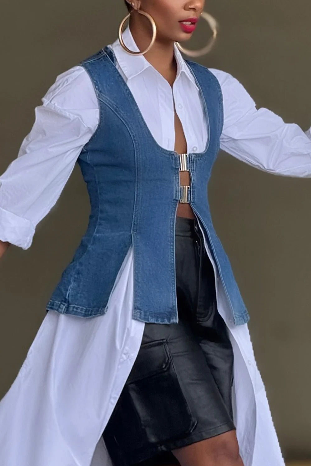 Plus Size Business Casual Blue Casual Split Denim Vest