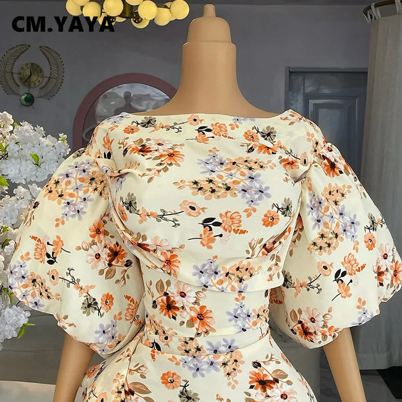 Women’s Half Sleeve Floral Print Side Ruffles Split Long Maxi Dress