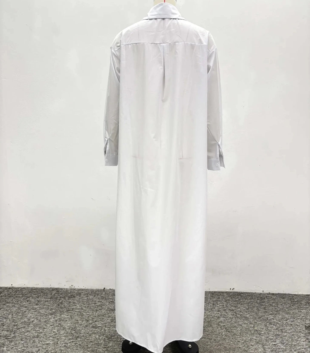Woman’s Full Sleeve Turn-down Collar Shirt Style Maxi Dress