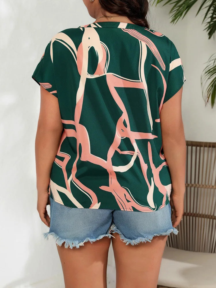 Plus Size Notch Neck Print Casual Blouse