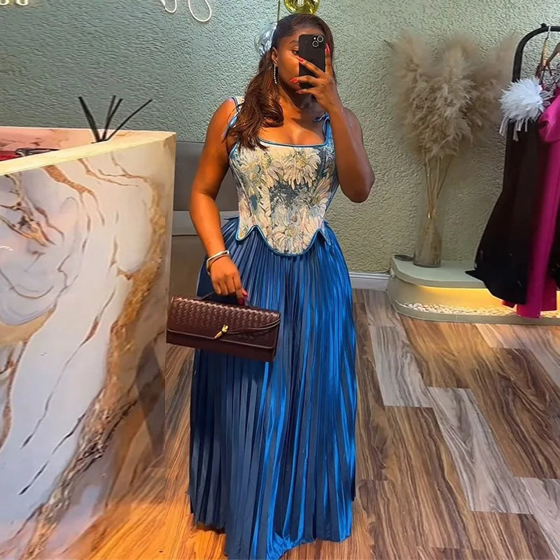 Women's Floral Print Waist-cinching Vest & Pleated Maxi Skirt Set