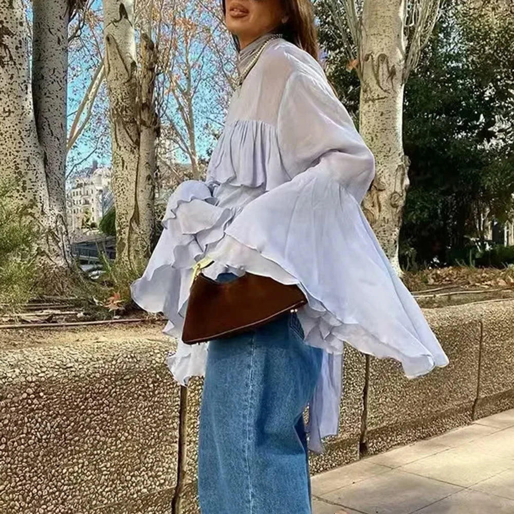 Women’s Solid Spliced Ruffles Slimming O Neck Long Sleeve Blouse