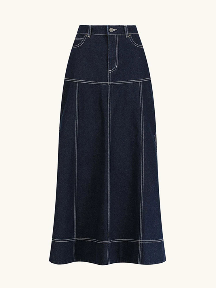 Women’s Lapel Pockets Short-sleeves Denim Shirt + A-line Long Denim Skirt Set