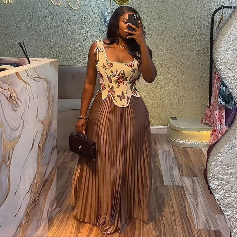 Women's Floral Print Waist-cinching Vest & Pleated Maxi Skirt Set
