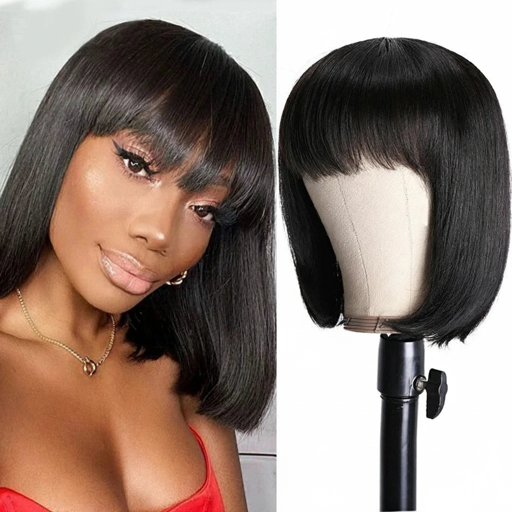 Straight Bob Wig With Bangs 100% Human Hair Blunt Cut Brazilian Hair