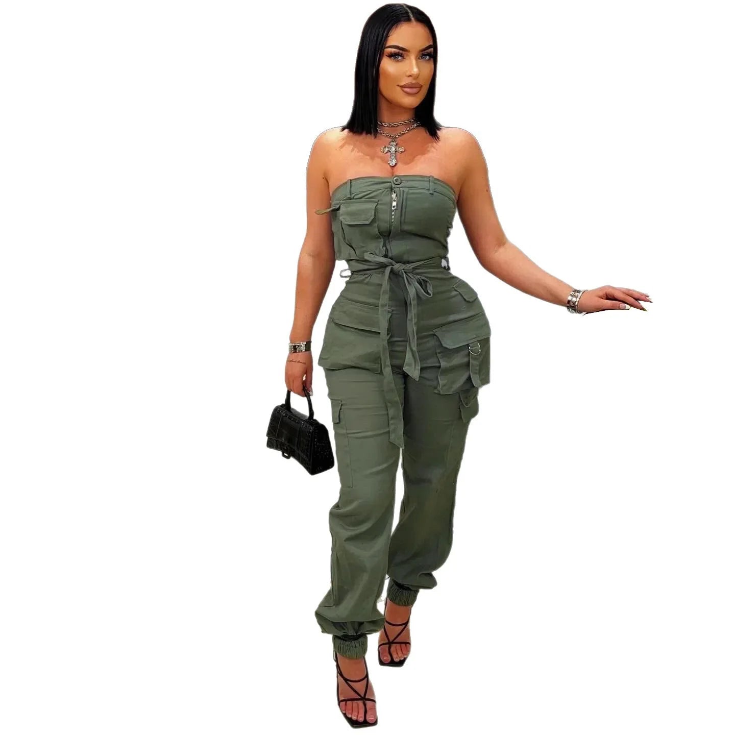 Women's Sleeveless Strapless Sashes Cargo Jumpsuit