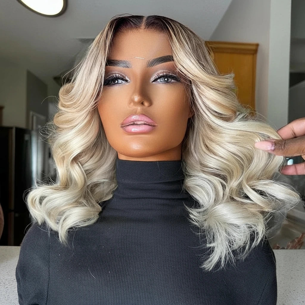 Ombre Gray Blonde With Dark Root 613 Bob Body Frontal Wave Wig With Baby Hair 13x4 Bob