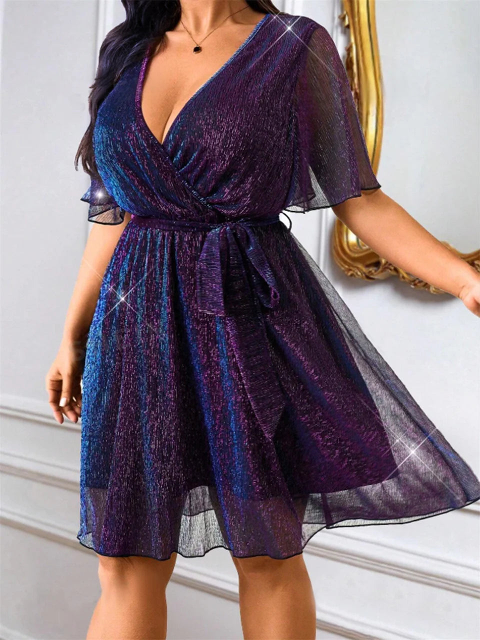 Plus Size Deep V Neck Glitter Belted Short Sleeved Dress