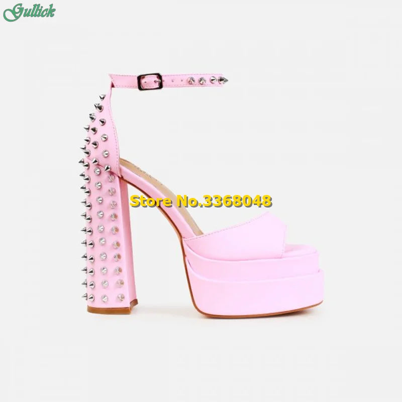 Platform Studded Block Heels Open Toe Ankle Buckle Strap Sandals