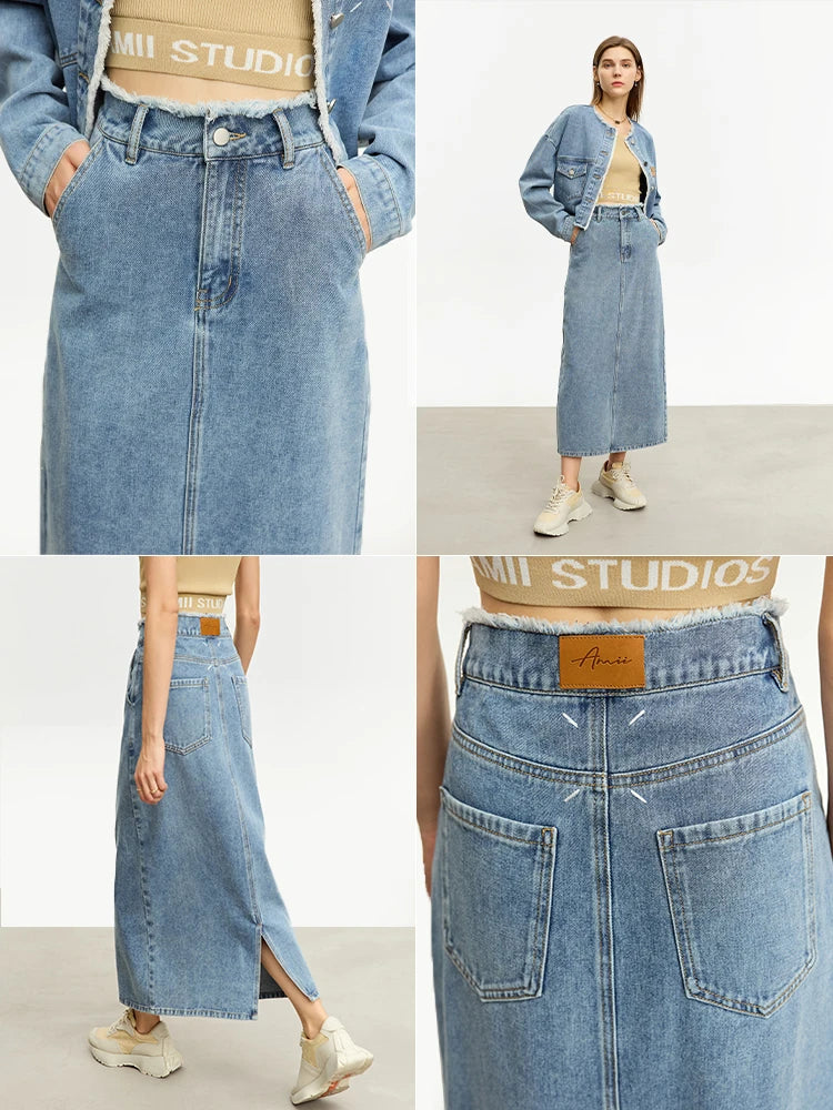 Women’s Denim Midi Skirt & Crew Neck Loose Jean Jacket