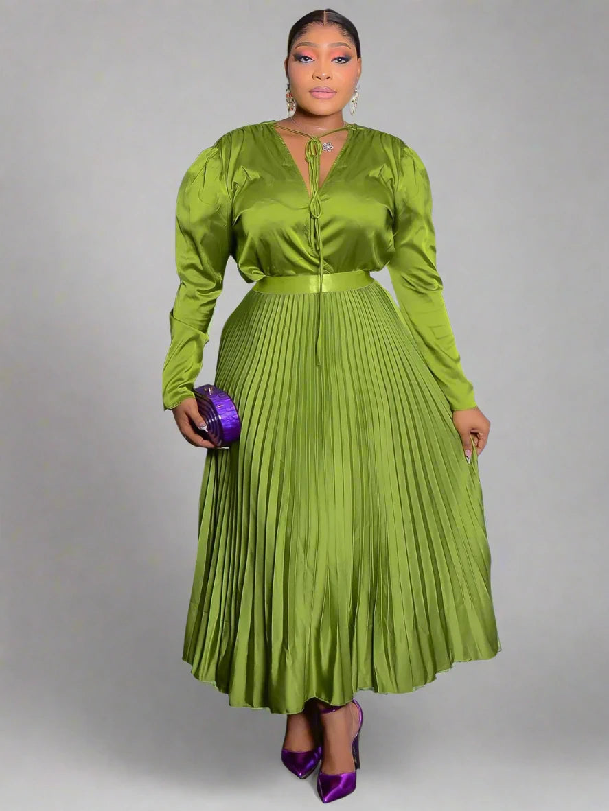 Women's Long Sleeve V-neck Blouse and Pleated Maxi Skirt