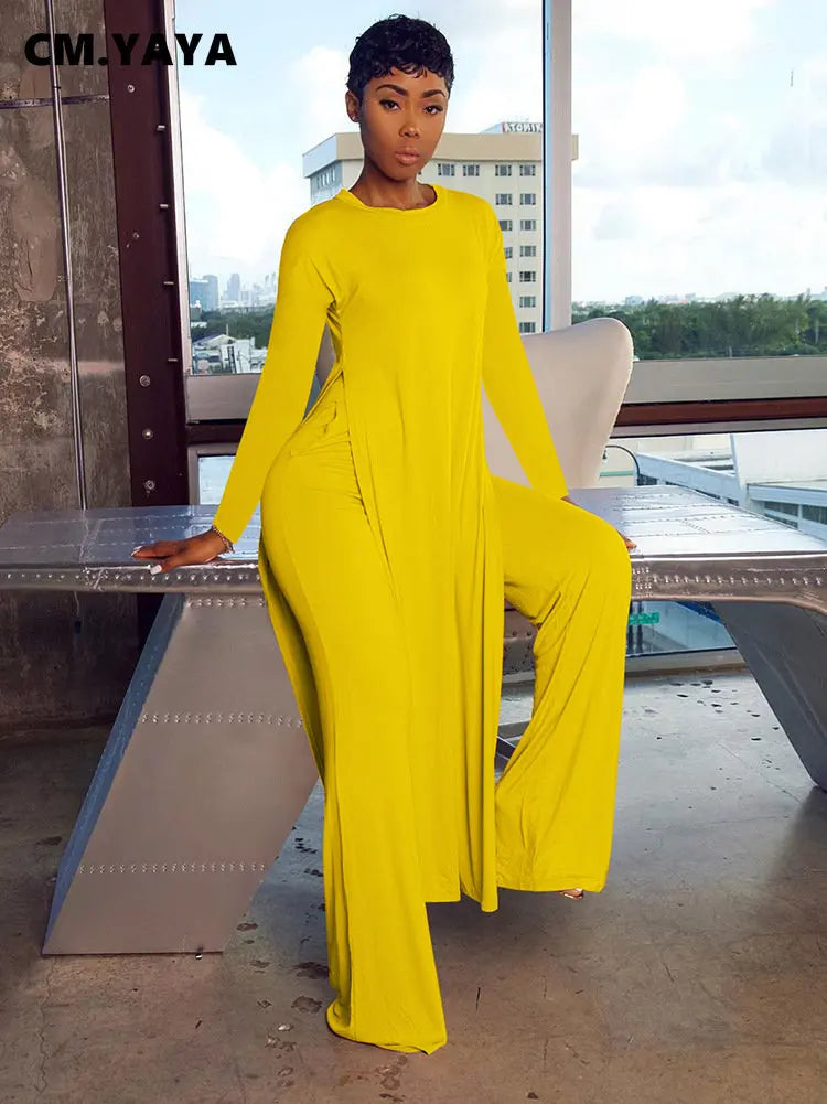 Women's Long Sleeve High Slit X-long Tee Top & Straight Pant Suit