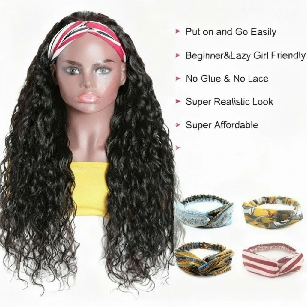 Headband Human Hair Water Wave Wig No Glue No Sew In Beginner Friendly