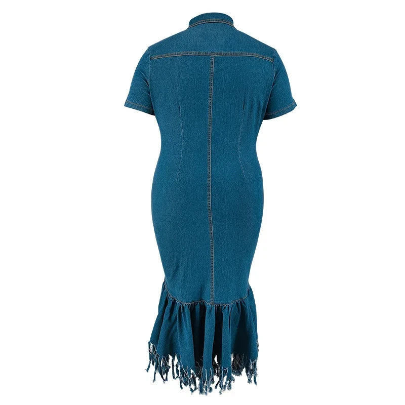 Plus Size Women’s Short Sleeve Tassel Zip Denim Dress