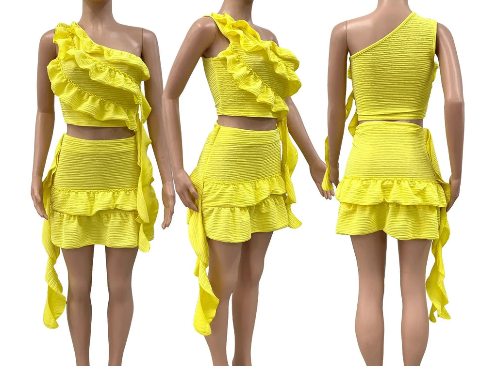 Women’s Sleeveless One Shoulder Ruffles Tops and Mini Skirt Set