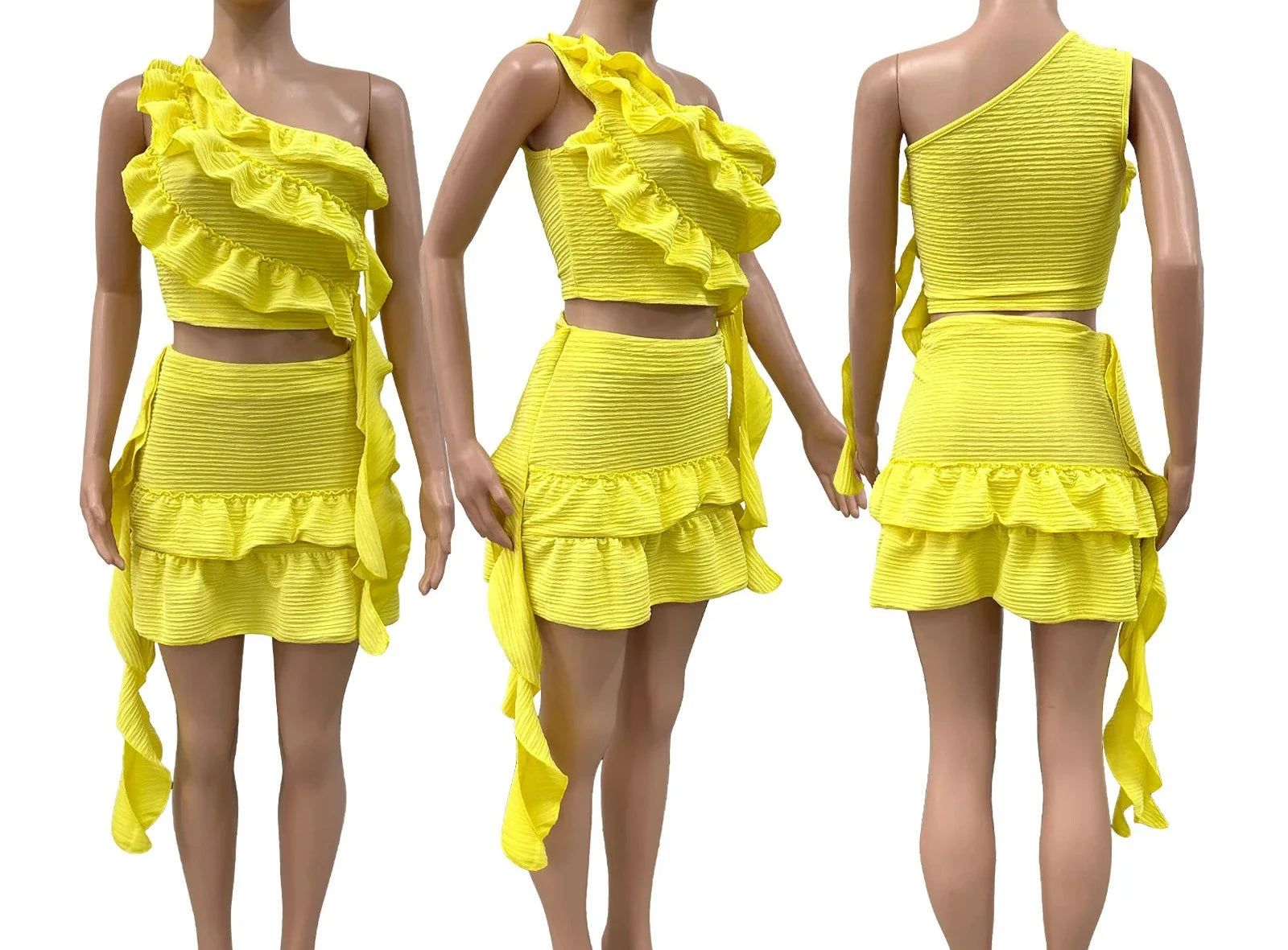 Women’s Sleeveless One Shoulder Ruffles Tops and Mini Skirt Set