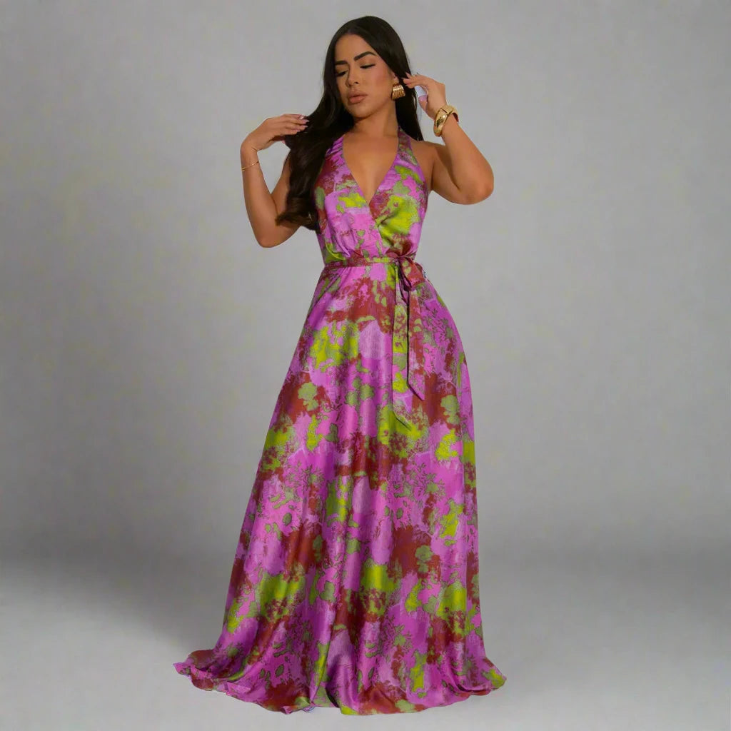 Printed Women’s Halter V-neck Backless Wide Leg Maxi Dress