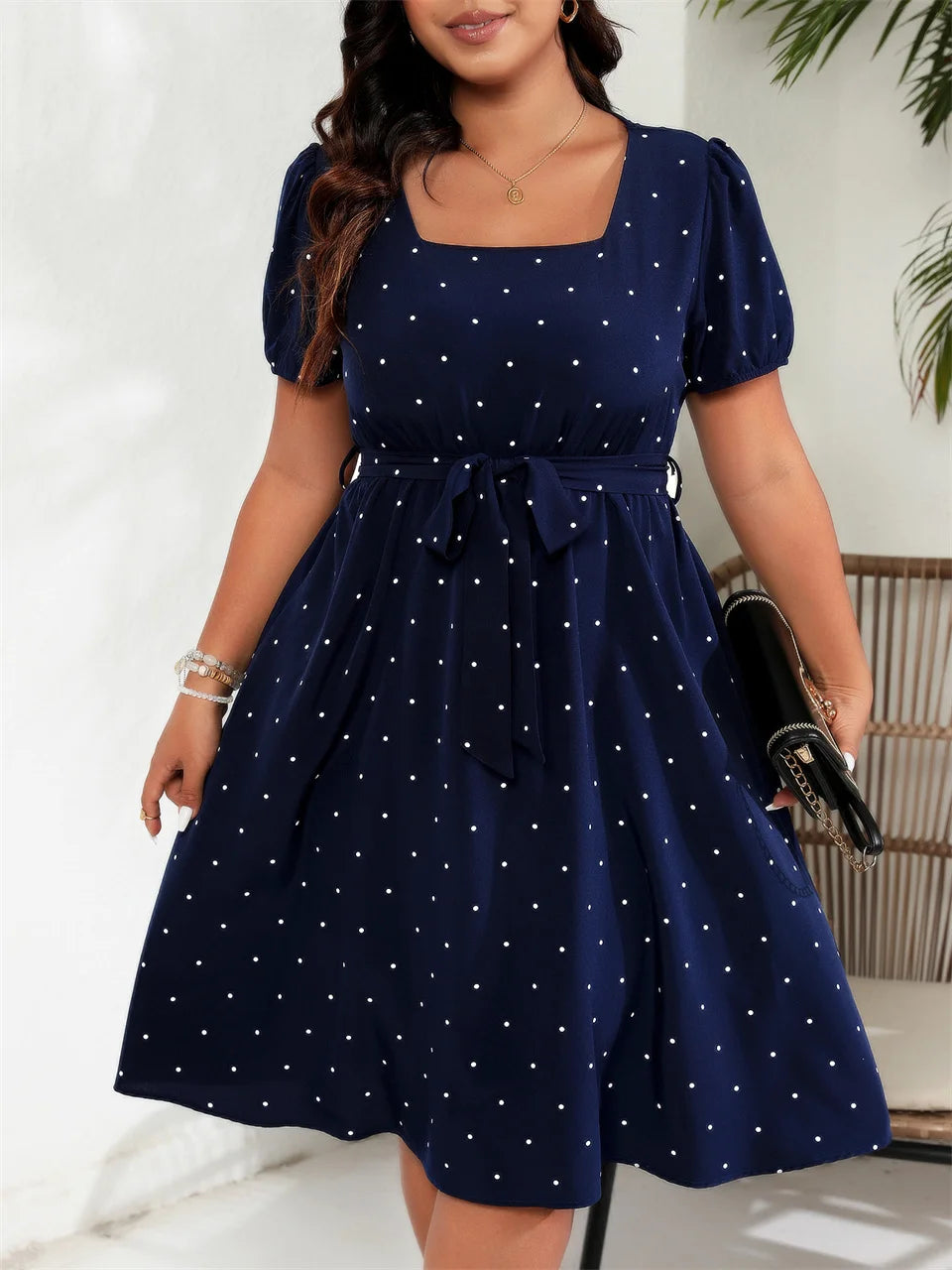 Plus Size Square Neck Polka Dot Belted Retro Puff Sleeve High Waist Dress