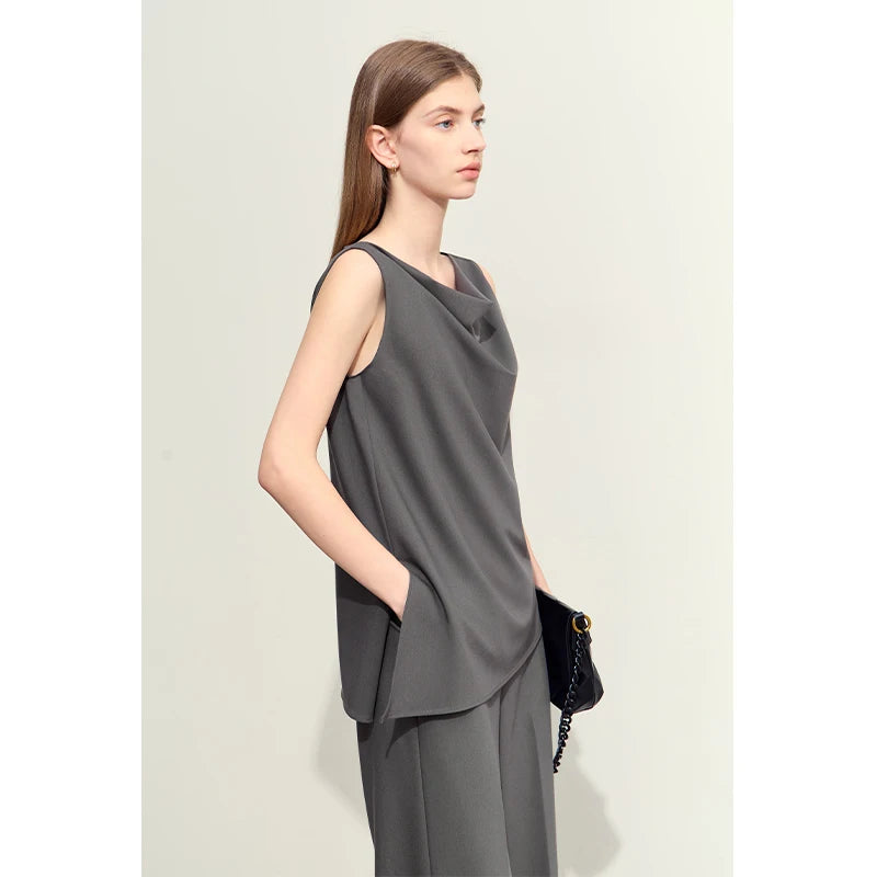 Swing Collar Women’s Vest + Straight Solid Casual Pants *Sold Seperately*