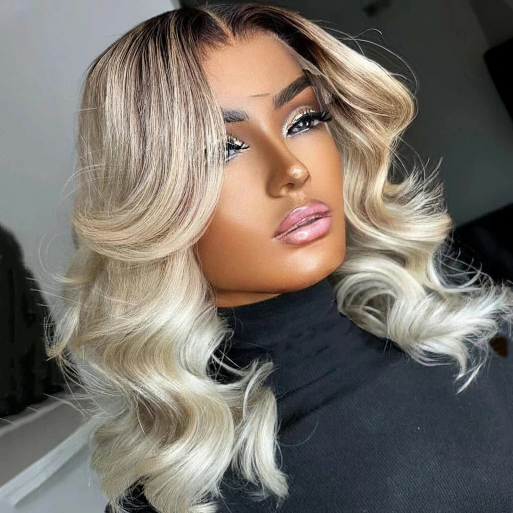 Ombre Gray Blonde With Dark Root 613 Bob Body Frontal Wave Wig With Baby Hair 13x4 Bob