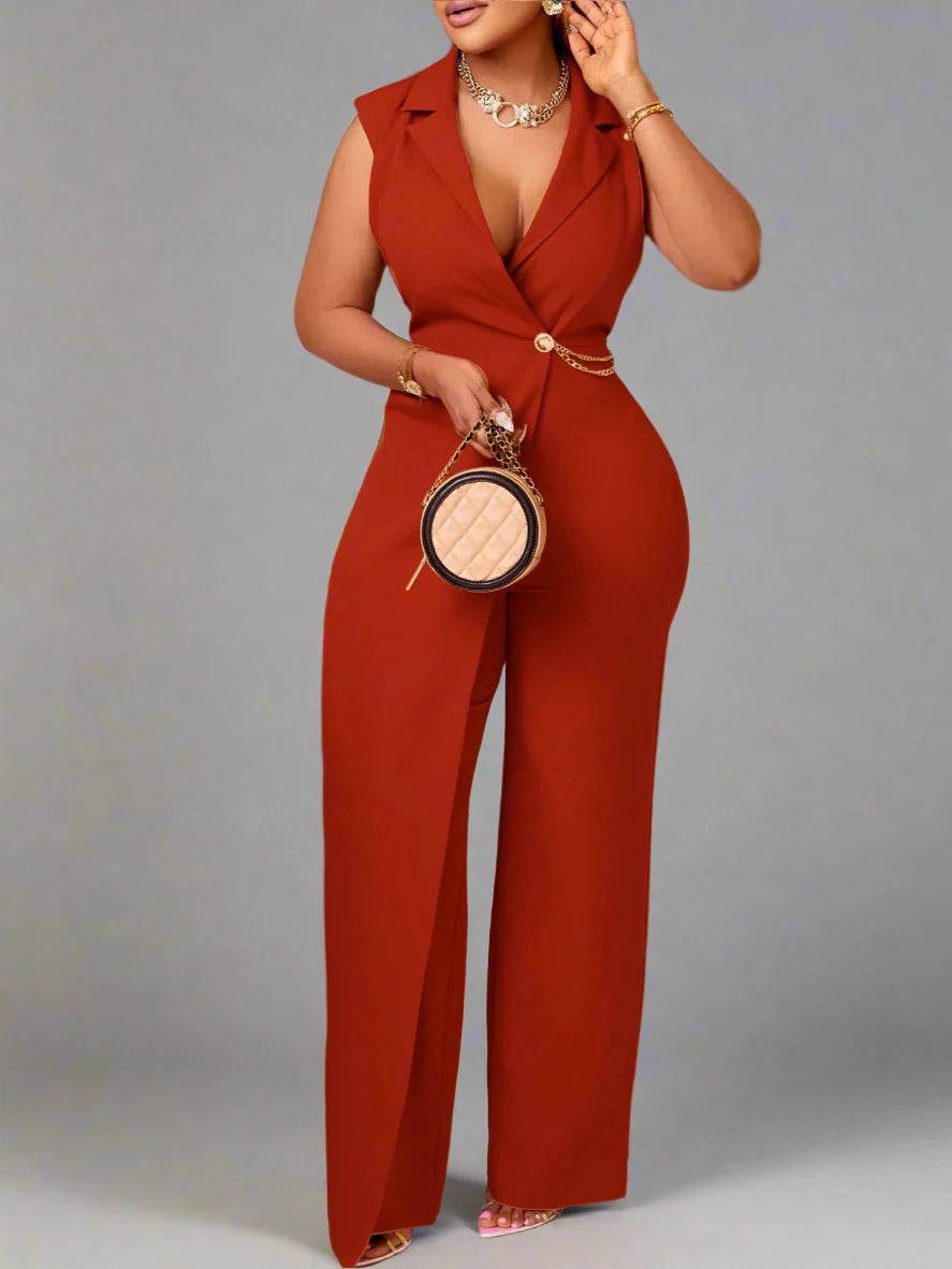 Women’s Wide Leg V-Neck Sleeveless Jumpsuit with Waist Chain