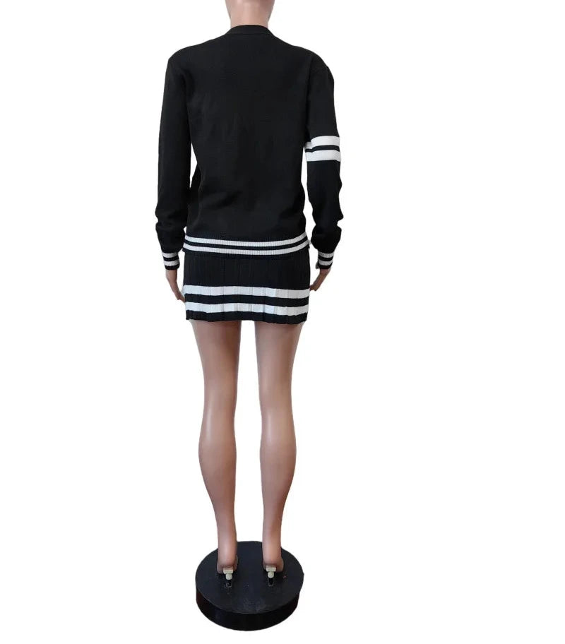 Women's Long Sleeve Knitted Letter Sweater and Pleated Skirt Set