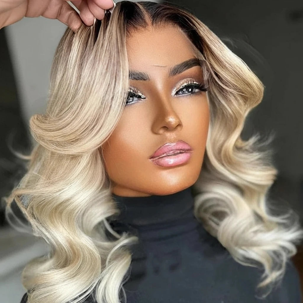 Ombre Gray Blonde With Dark Root 613 Bob Body Frontal Wave Wig With Baby Hair 13x4 Bob
