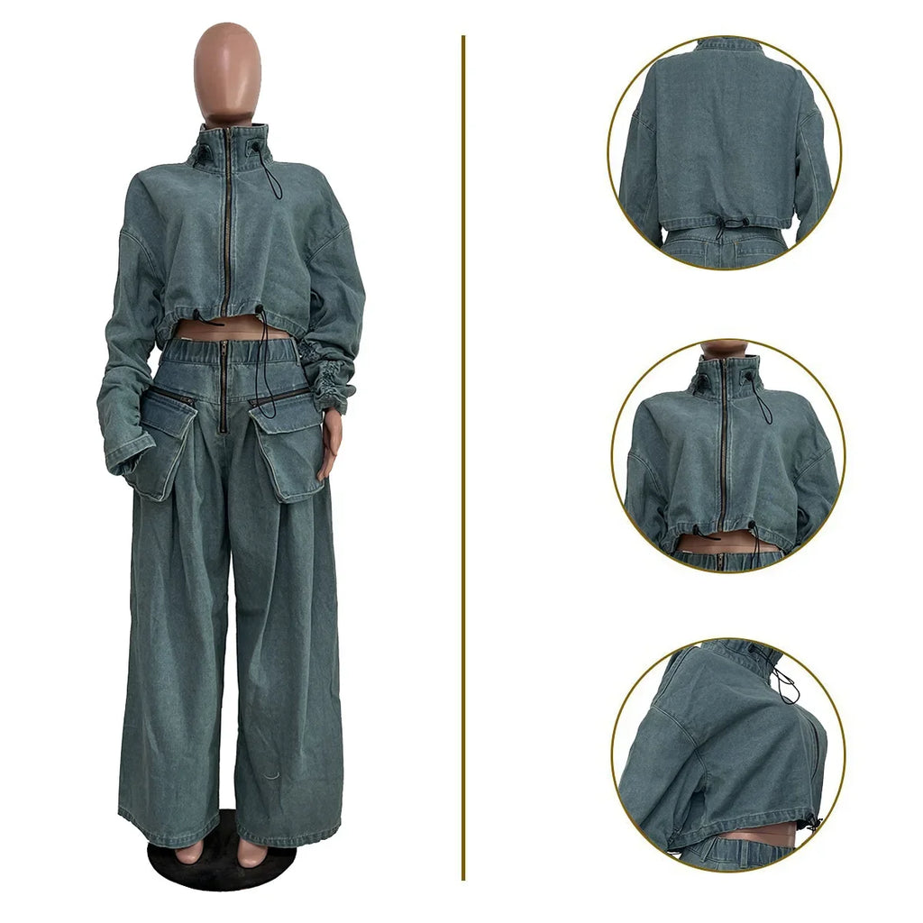 Women's Ruched Long Sleeve Jacket and Pocket Front Wide Leg High Waist Jeans Pants Set