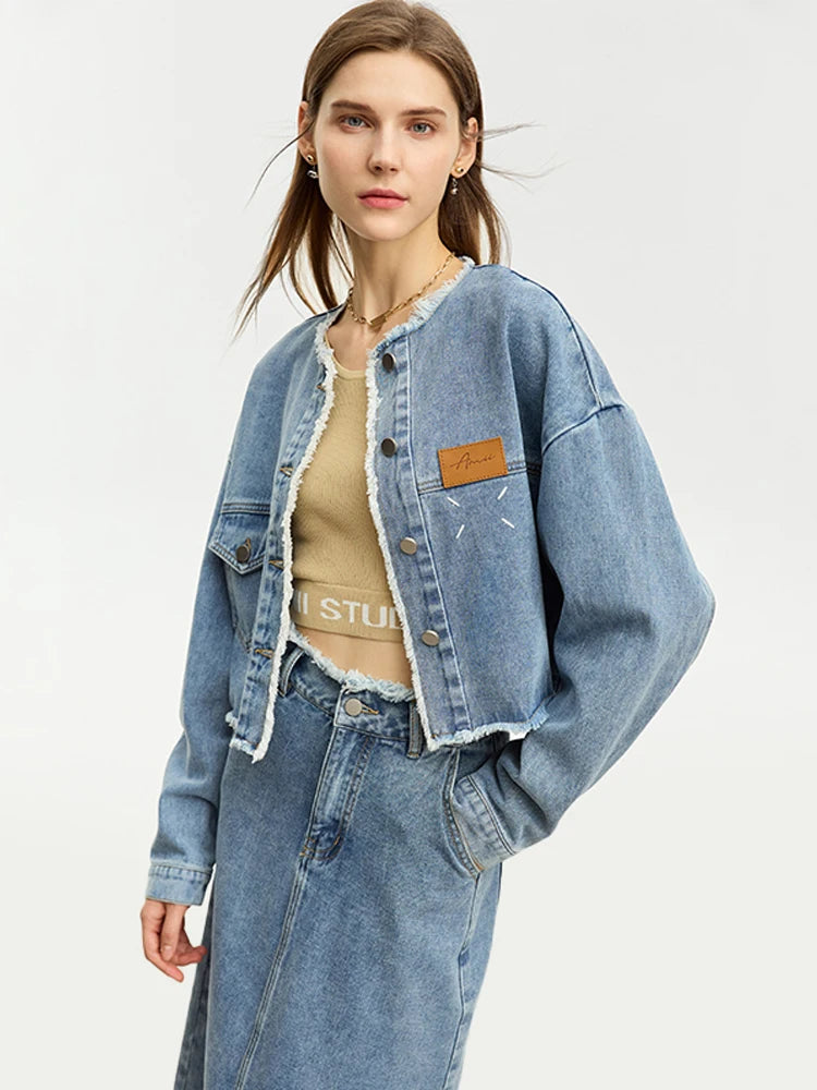 Women’s Denim Midi Skirt & Crew Neck Loose Jean Jacket