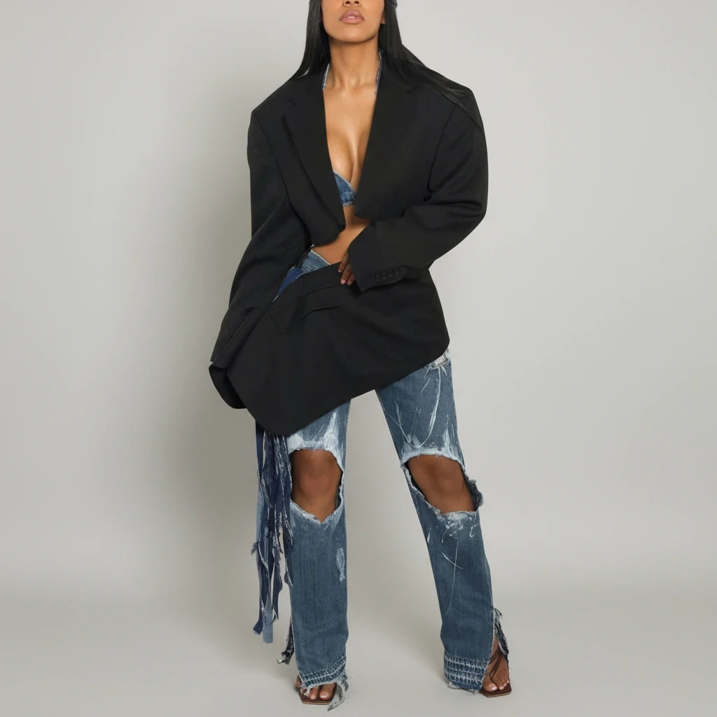 Full Sleeve Blazer & Denim Tie Up Pants Set
