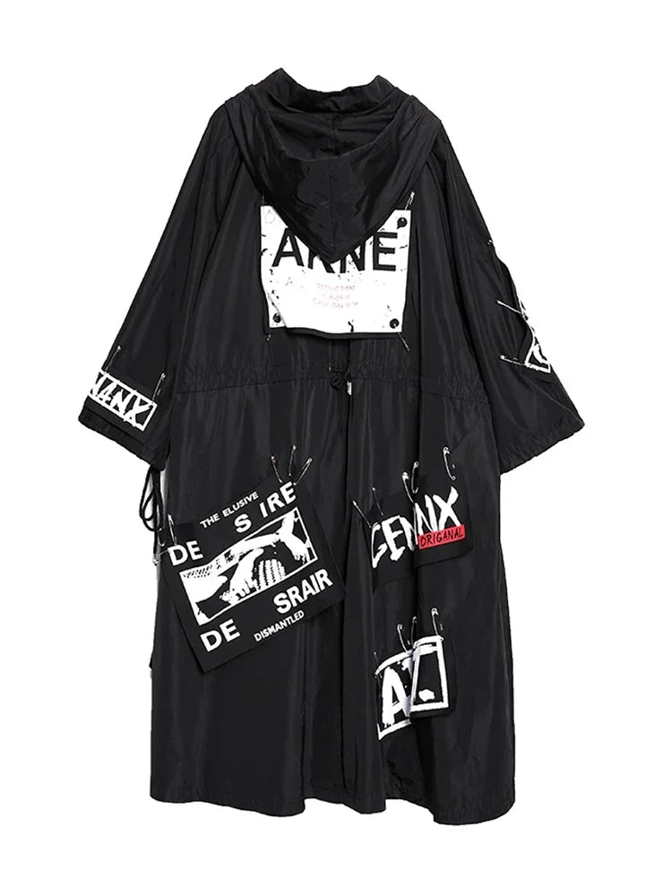 Black Hooded Print Trench For Women